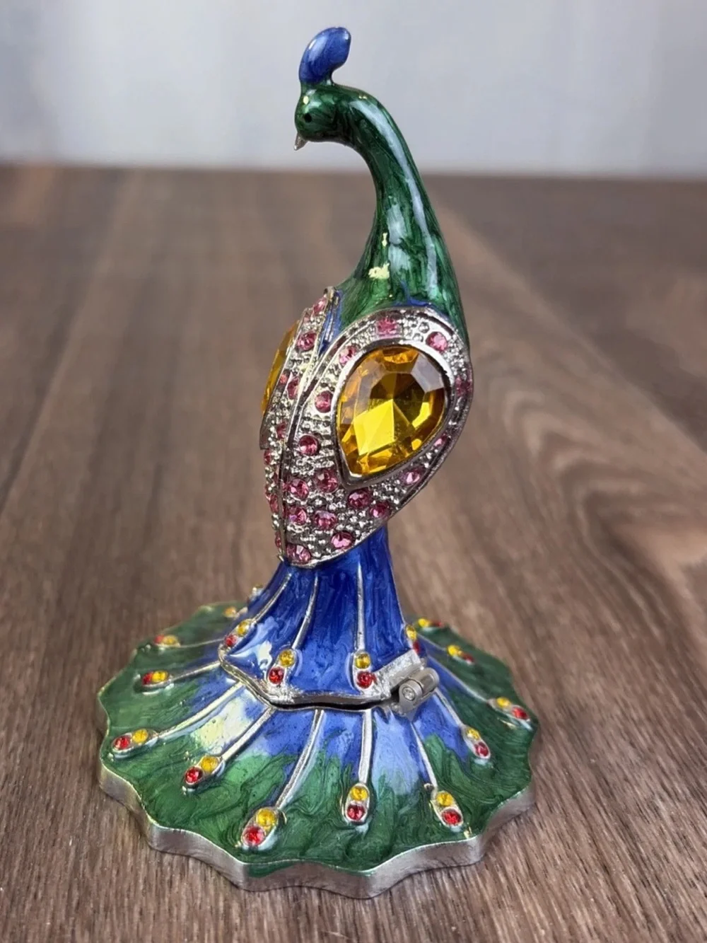 Enamel & Rhinestone Hinged Peacock Jewelry Pill Trinket Box Magnetic Metal